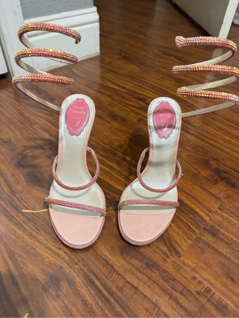 Rene Caovilla Pink Crystal Spiral-Ankle Sandals